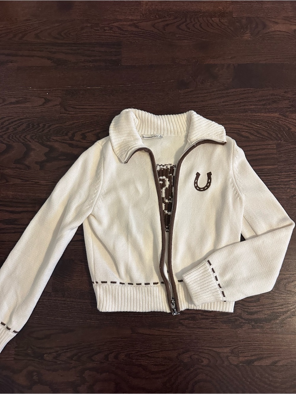 Abercrombie & Fitch Cream Knit Zip Jacket with Brown Trim
